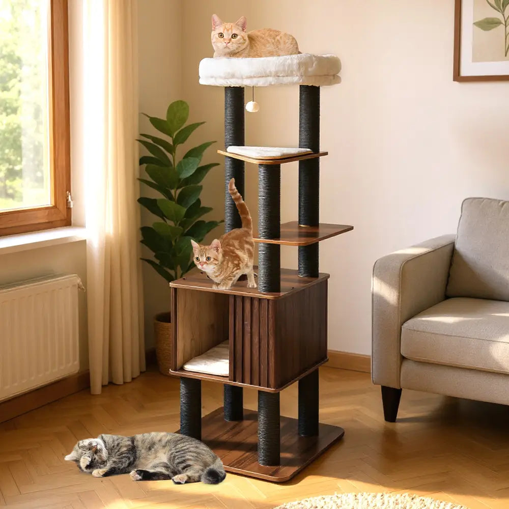 Wooden Cat Tower Top Perch with Soft Padding-Brown - Brown - Cat Trees Condos & Scratchers