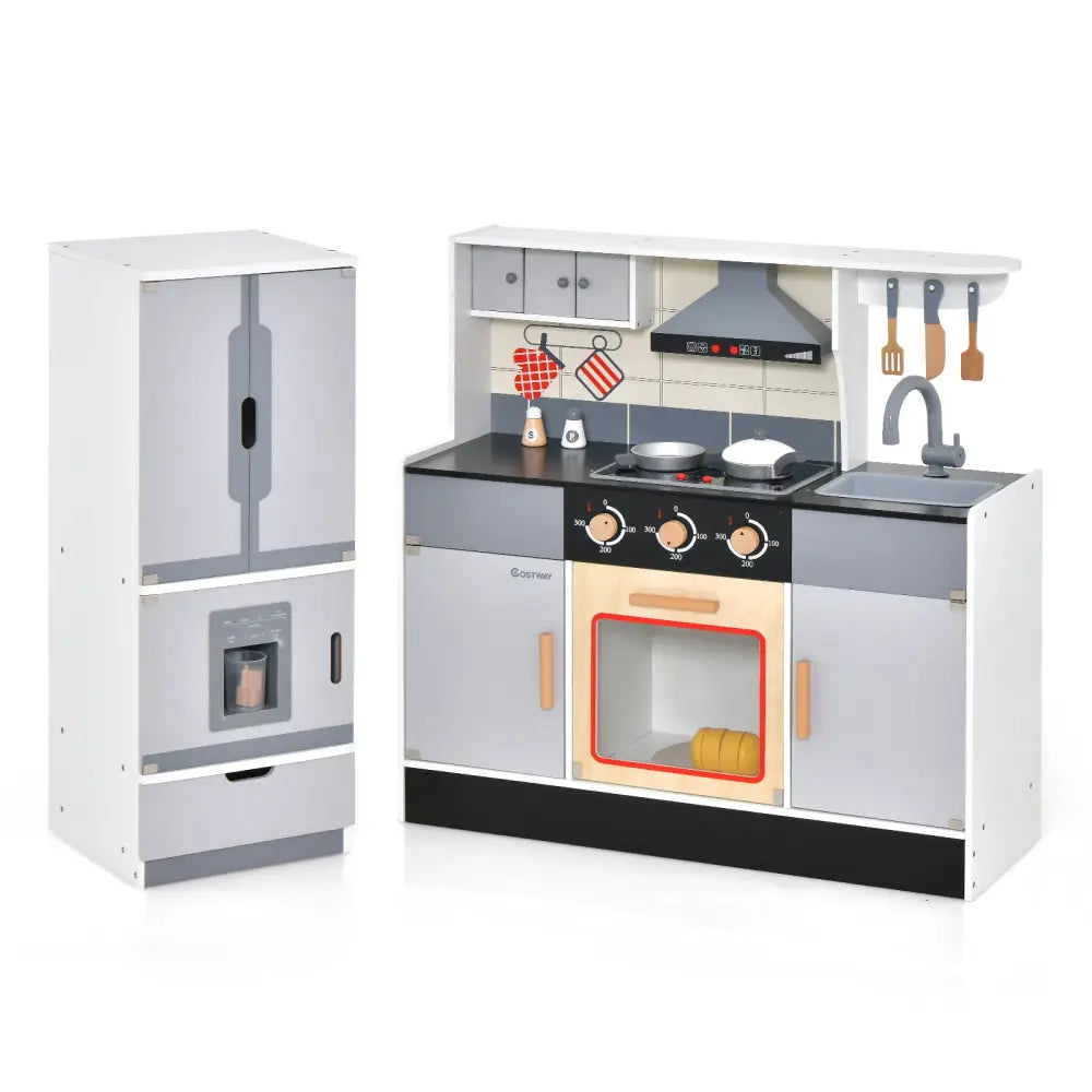 Wooden Chef Play Kitchen and Refrigerator with Realistic Range Hood and Roaster - Gray - Play Kitchen Sets