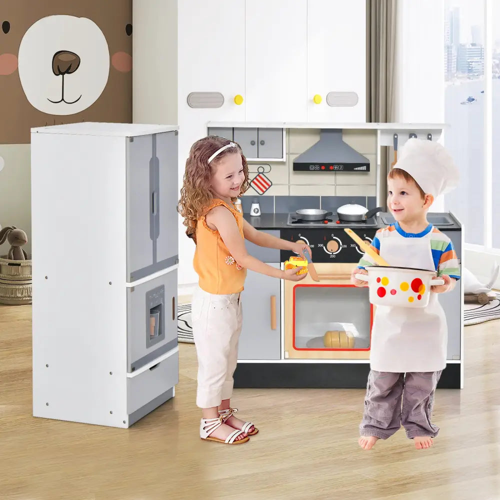 Wooden Chef Play Kitchen and Refrigerator with Realistic Range Hood and Roaster - Gray - Play Kitchen Sets