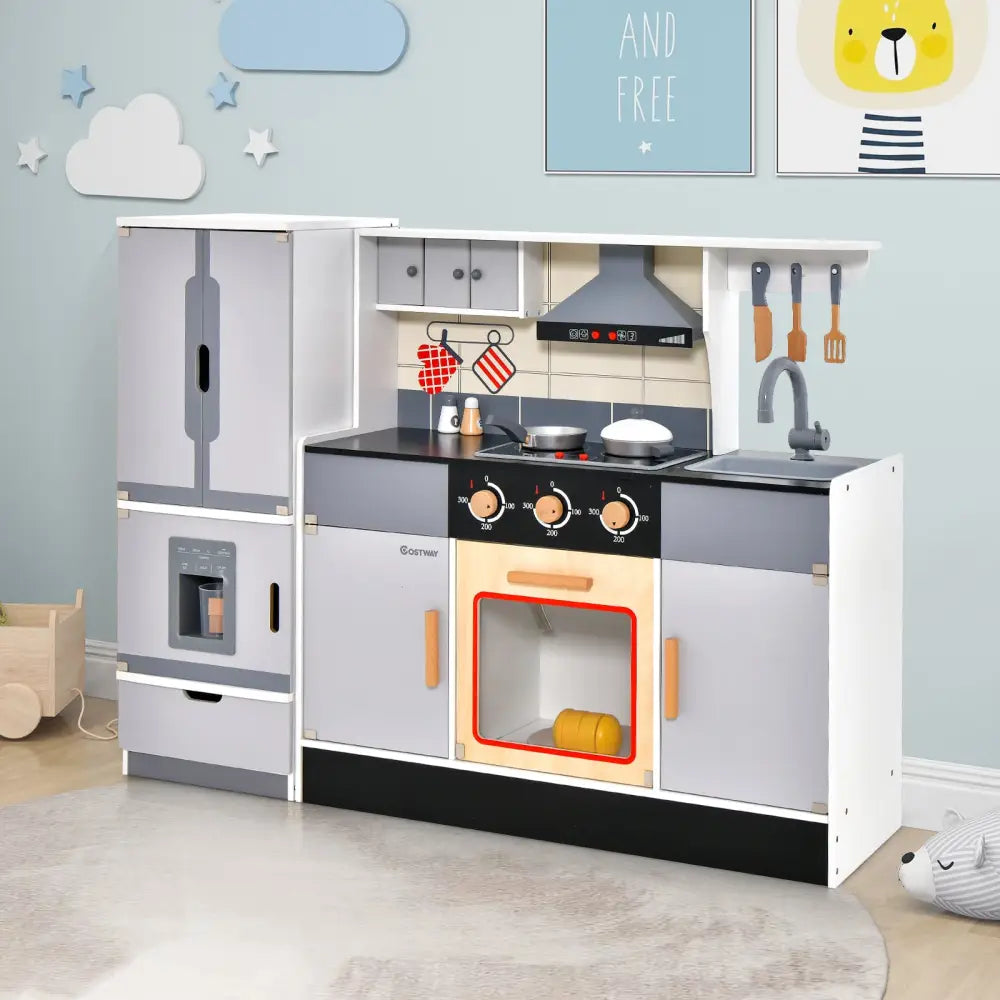 Wooden Chef Play Kitchen and Refrigerator with Realistic Range Hood and Roaster - Gray - Play Kitchen Sets