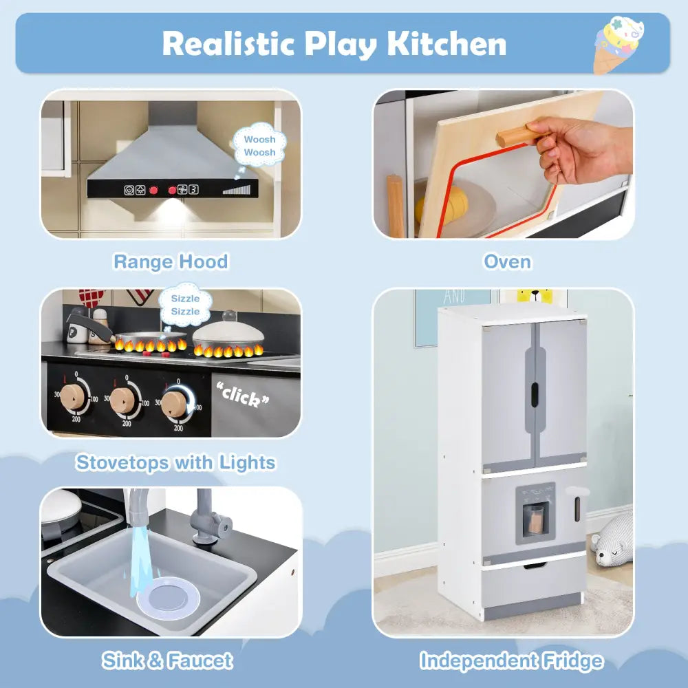 Wooden Chef Play Kitchen and Refrigerator with Realistic Range Hood and Roaster - Gray - Play Kitchen Sets