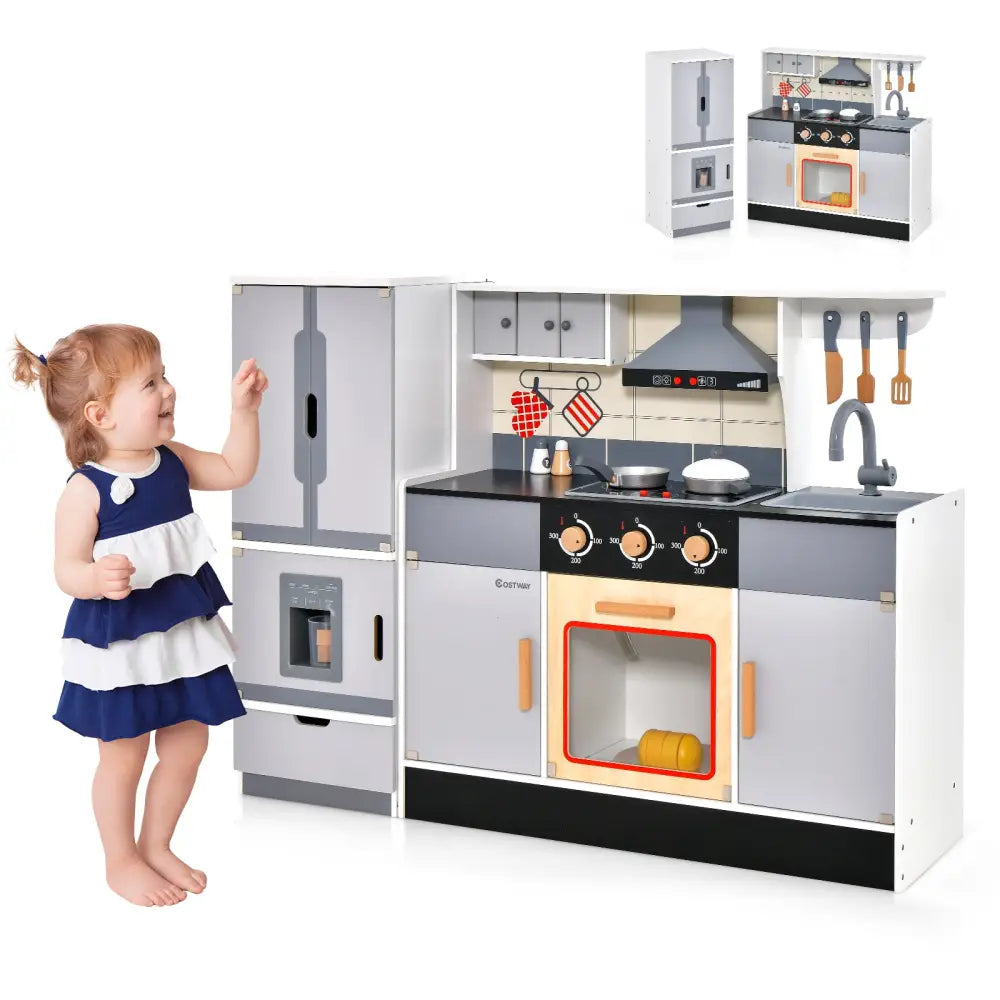 Wooden Chef Play Kitchen and Refrigerator with Realistic Range Hood and Roaster - Gray - Play Kitchen Sets