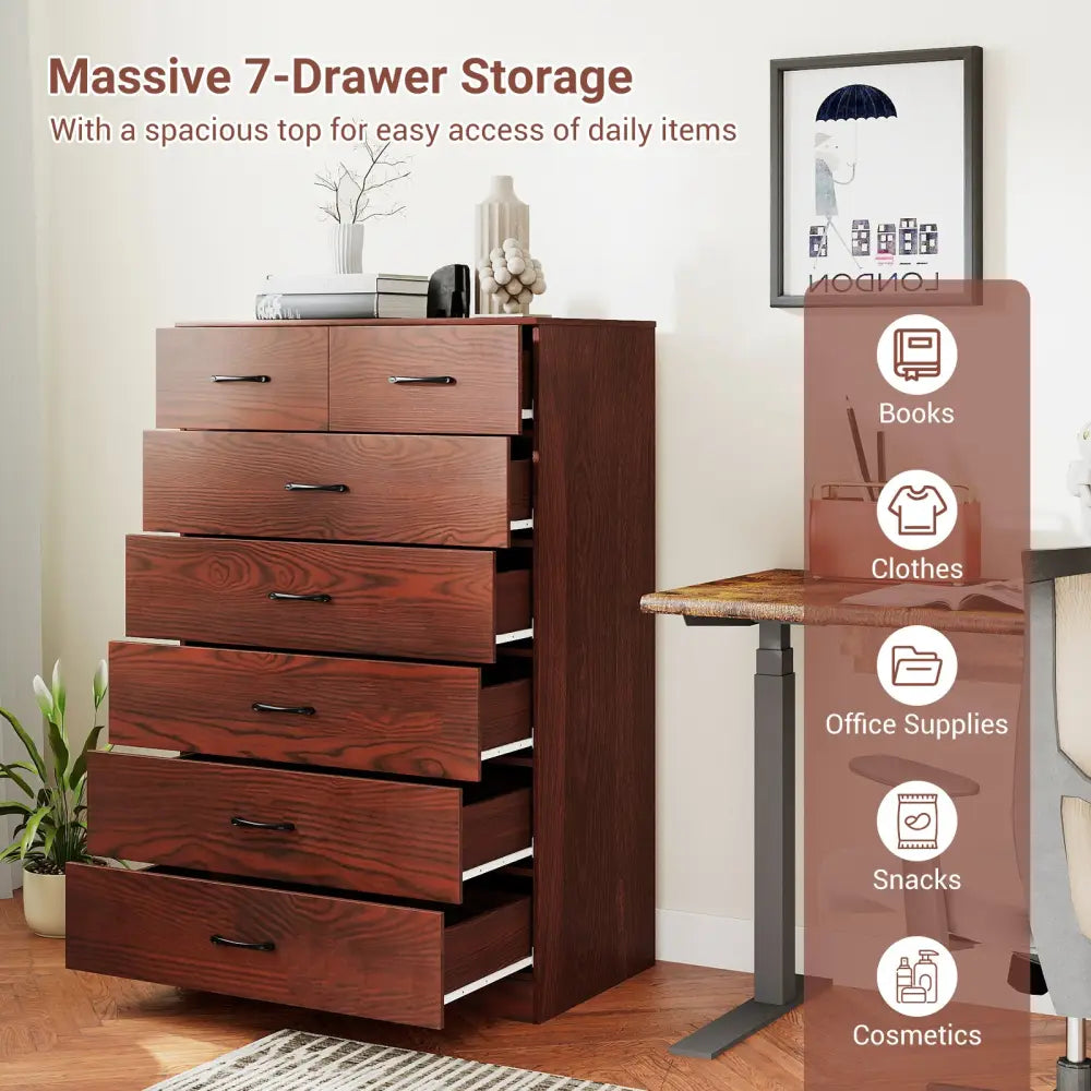 Wooden Chest of Drawers with Anti-toppling Device and Metal Handles - Brown - Dressers & Chests