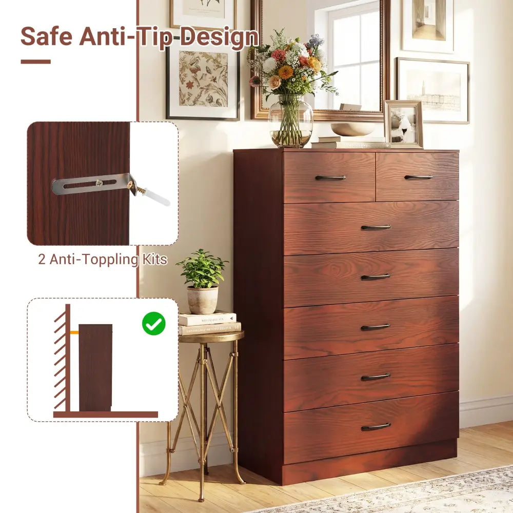 Wooden Chest of Drawers with Anti-toppling Device and Metal Handles - Brown - Dressers & Chests