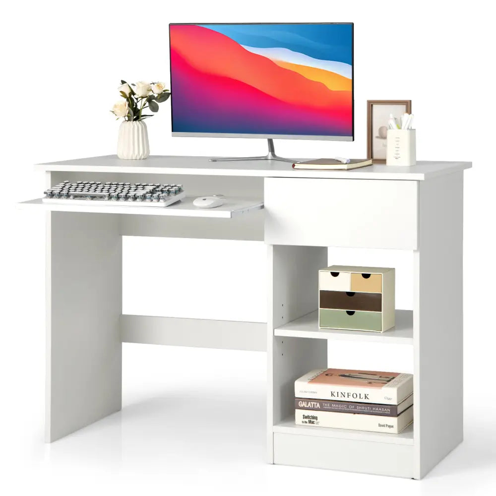 Wooden Computer Desk with CPU Stand-White - White - Computer Desks