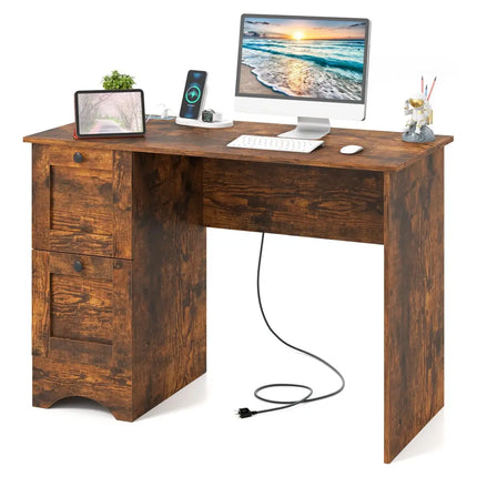 Wooden Computer Desk Workstation with 3 Drawers for Home and Office-Rustic Brown - Rustic Brown - Computer Desks
