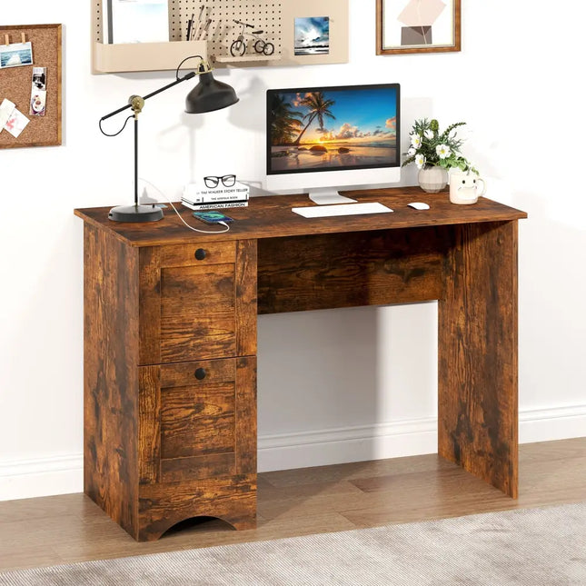 Wooden Computer Desk Workstation with 3 Drawers for Home and Office-Rustic Brown - Rustic Brown - Computer Desks