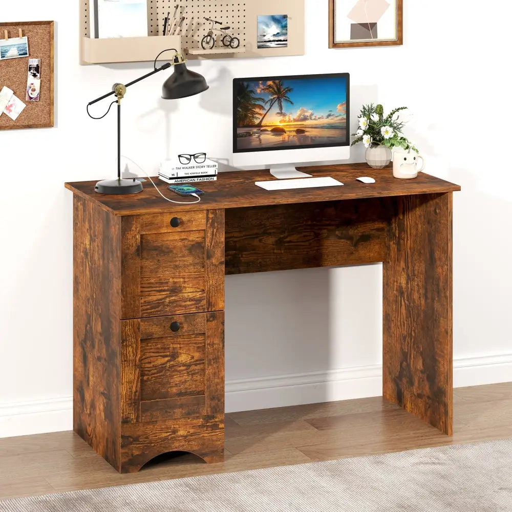 Wooden Computer Desk Workstation with 3 Drawers for Home and Office-Rustic Brown - Rustic Brown - Computer Desks