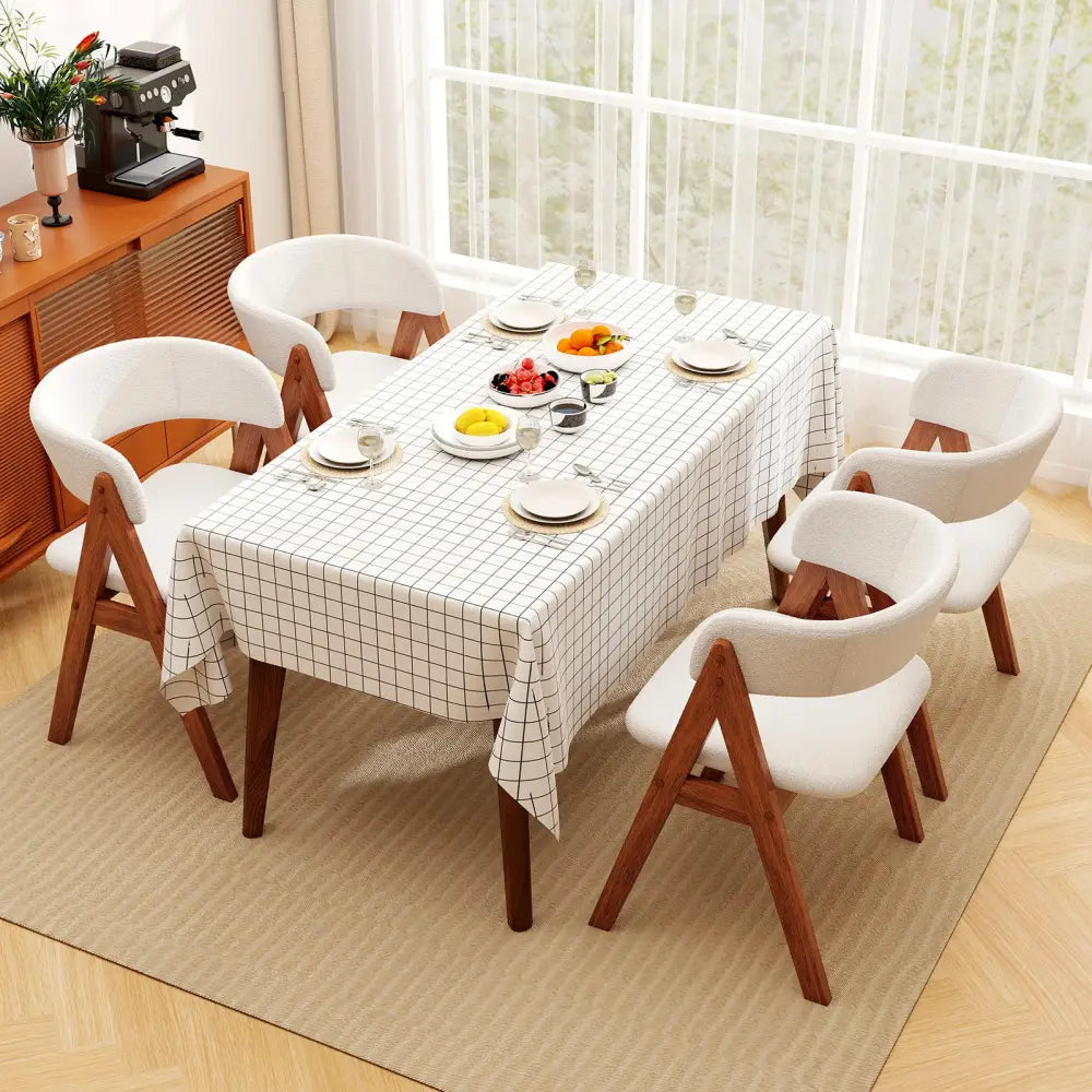 Wooden Dining Chair Set of 2 Mid-Century Modern Sherpa Upholstered Kitchen Dining Room Chairs-Walnut - Walnut - Dining