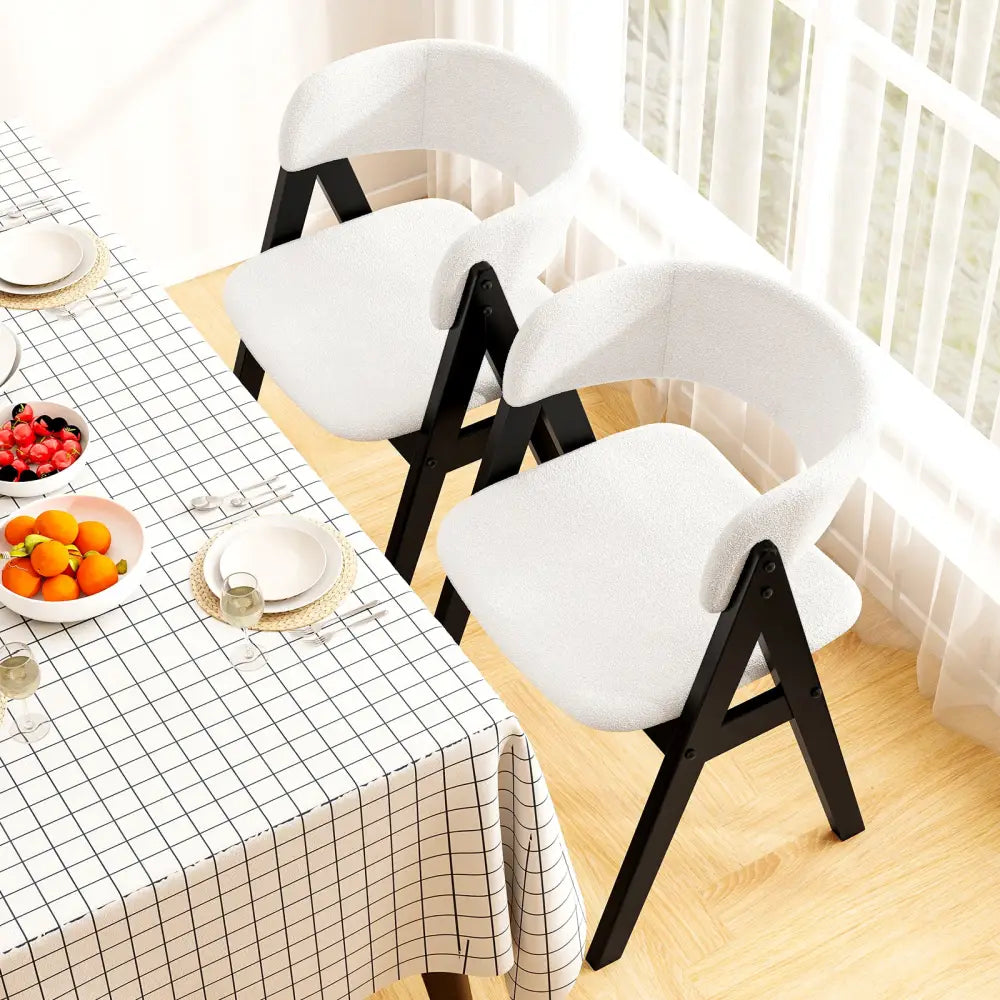 Wooden Dining Chair Set of 2 Mid-Century Modern Sherpa Upholstered Kitchen Dining Room Chairs-Black - Black - Dining
