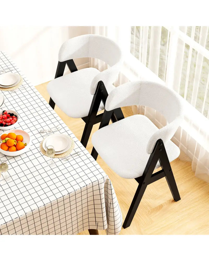 Wooden Dining Chair Set of 2 Mid-Century Modern Sherpa Upholstered Kitchen Dining Room Chairs-Black - Black - Dining