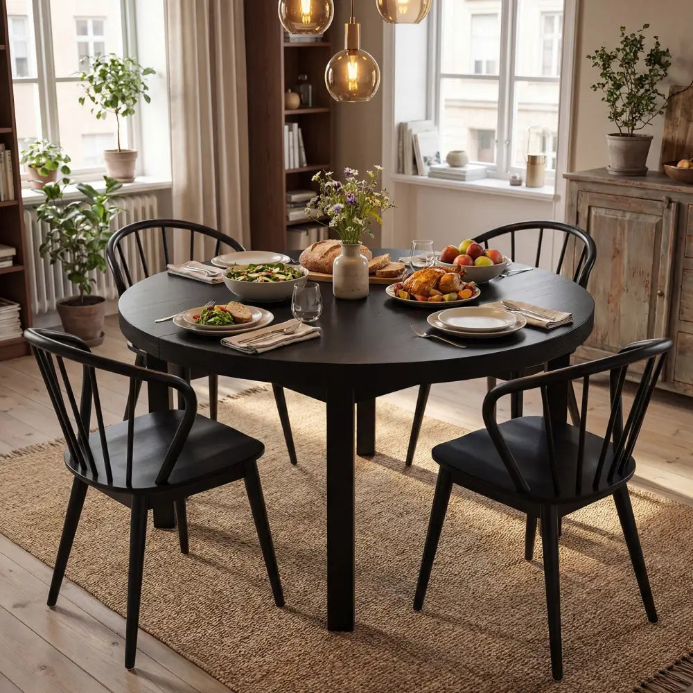 Wooden Dining Chair Set of 2 with High Spindle Back and Wide Seat-Black - Black - Dining Chairs