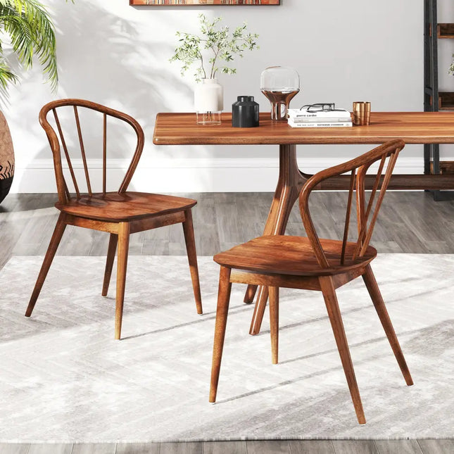 Wooden Dining Chair Set of 2 with High Spindle Back and Wide Seat-Walnut - Walnut - Dining Chairs