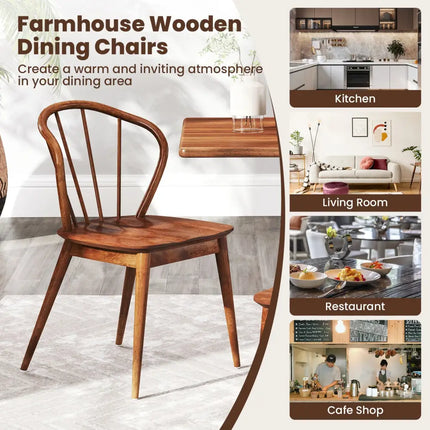 Wooden Dining Chair Set of 2 with High Spindle Back and Wide Seat-Walnut - Walnut - Dining Chairs