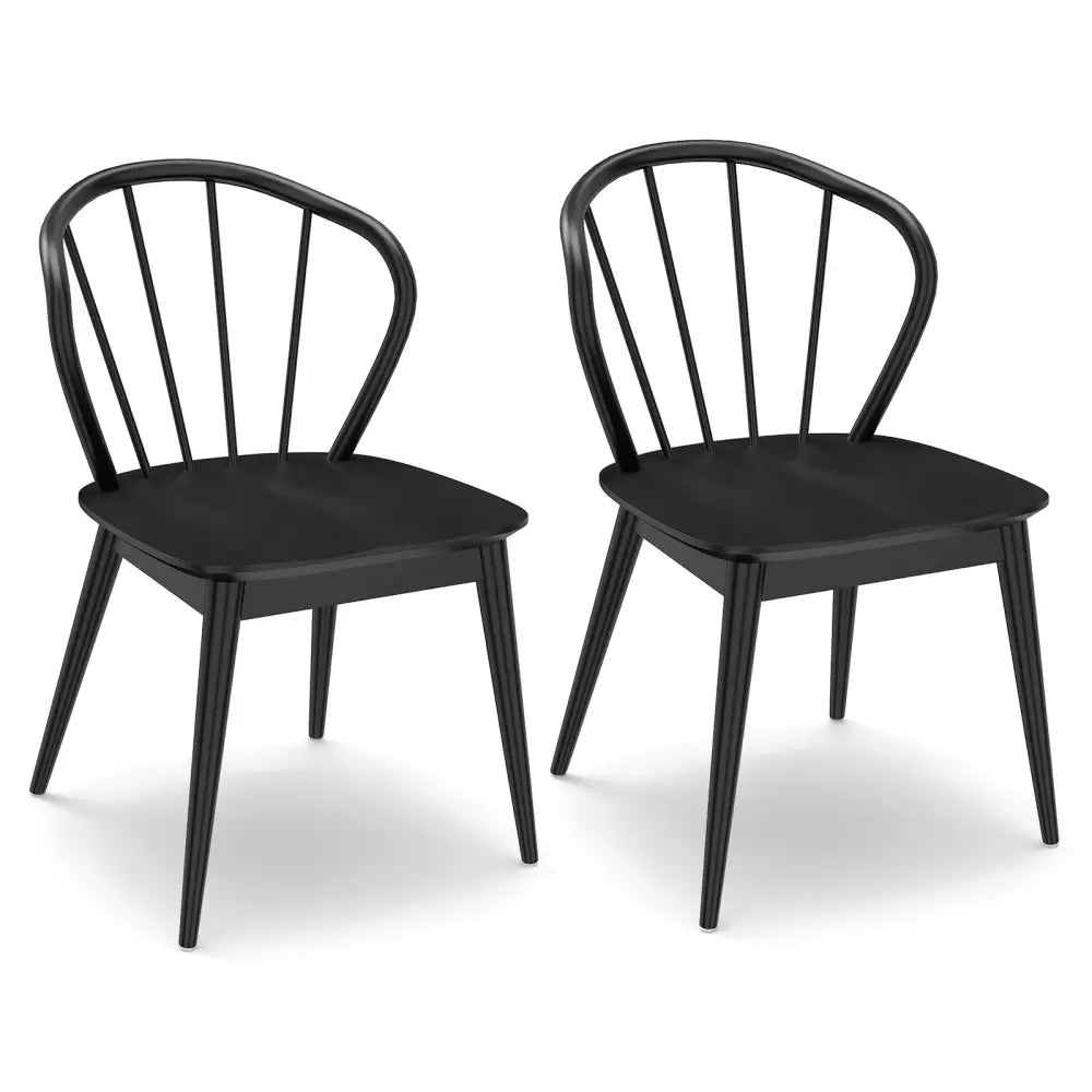 Wooden Dining Chair Set of 2 with High Spindle Back and Wide Seat-Black - Black - Dining Chairs