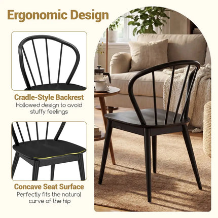 Wooden Dining Chair Set of 2 with High Spindle Back and Wide Seat-Black - Black - Dining Chairs
