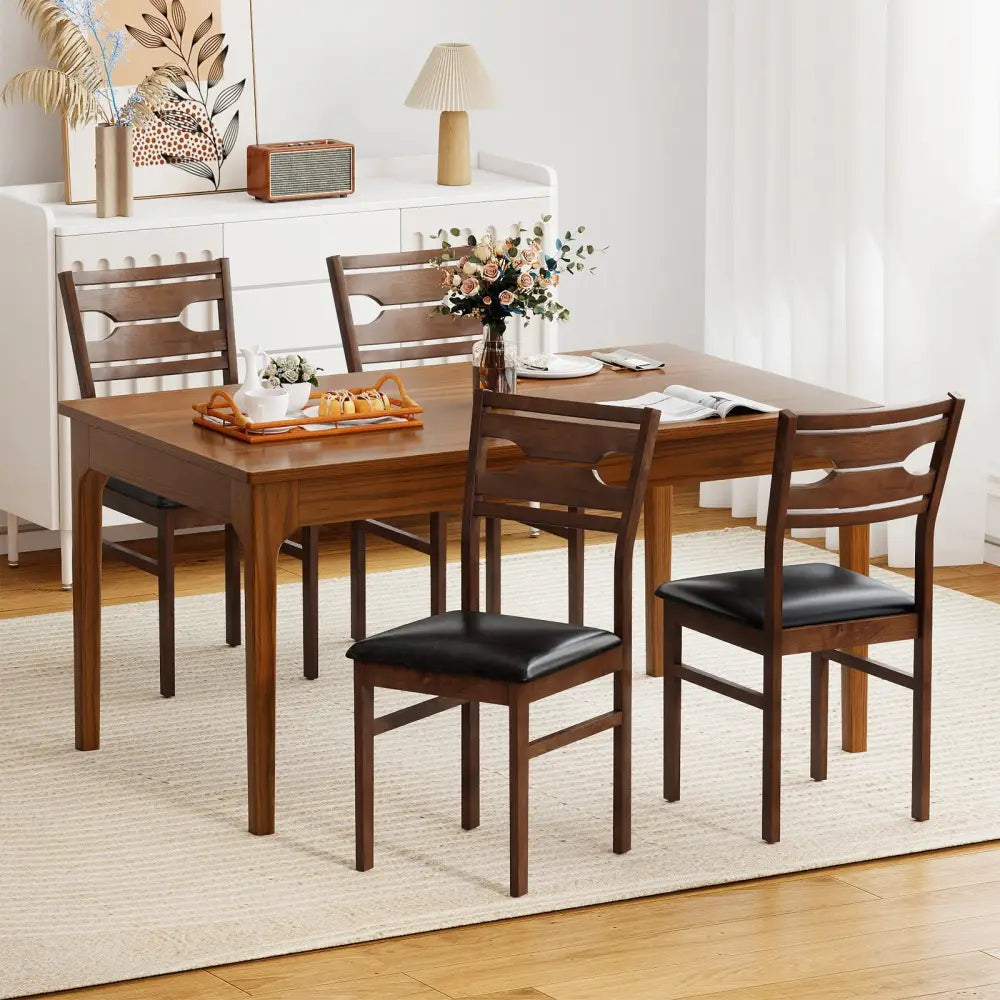 Wooden Dining Chair Set of 2 with PU Leather Padded Seat and Rubber Wood Frame-Walnut - Walnut - Dining Chairs