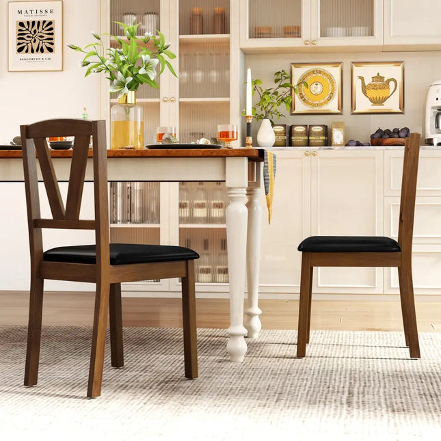Wooden Dining Chair Set of 2 with PU Leather Upholstered and Rubber Wood Frame-Brown - Brown - Dining Chairs