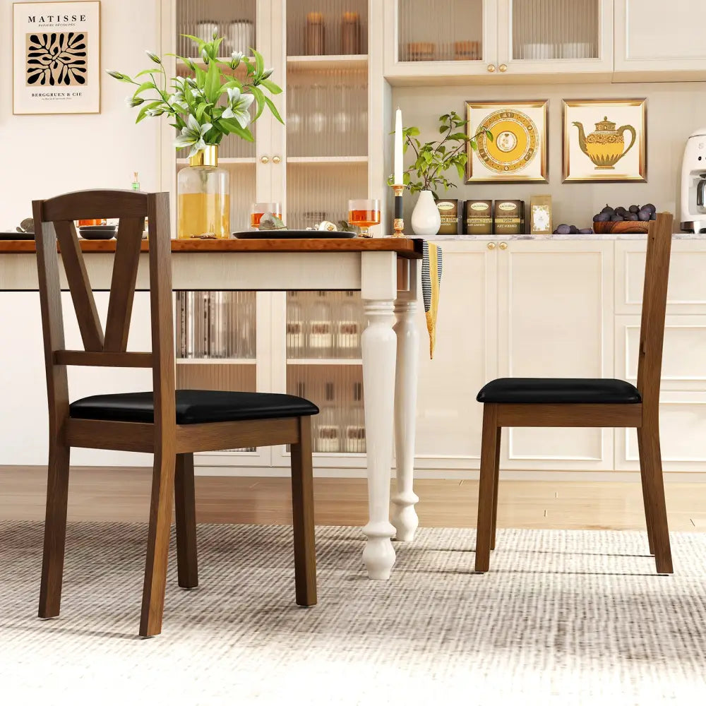 Wooden Dining Chair Set of 2 with PU Leather Upholstered and Rubber Wood Frame-Brown - Brown - Dining Chairs