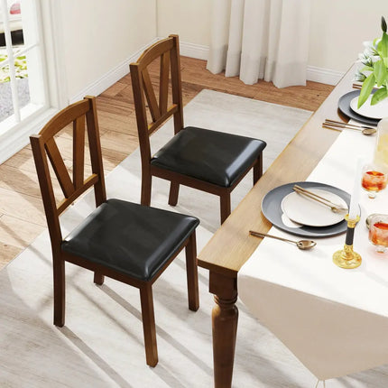Wooden Dining Chair Set of 2 with PU Leather Upholstered and Rubber Wood Frame-Brown - Brown - Dining Chairs