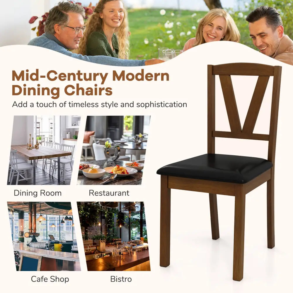 Wooden Dining Chair Set of 2 with PU Leather Upholstered and Rubber Wood Frame-Brown - Brown - Dining Chairs