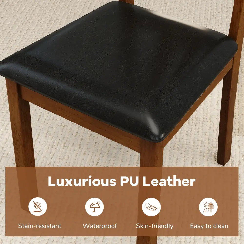 Wooden Dining Chair Set of 2 with PU Leather Upholstered and Rubber Wood Frame-Brown - Brown - Dining Chairs