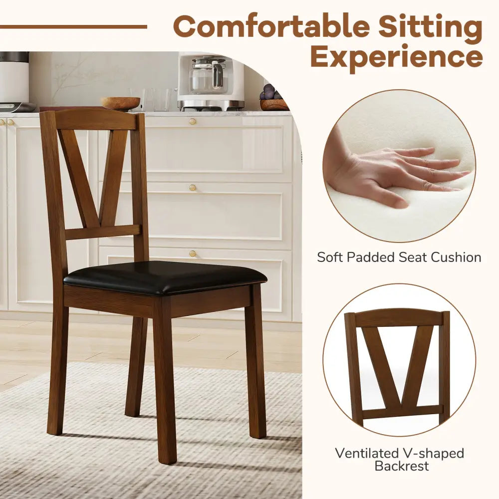 Wooden Dining Chair Set of 2 with PU Leather Upholstered and Rubber Wood Frame-Brown - Brown - Dining Chairs