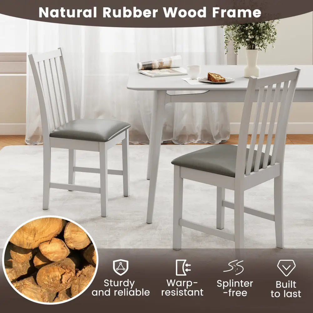 Wooden Dining Chair Set of 2 with Rubber Wood Frame and Padded Seat-White - White - Dining Chairs