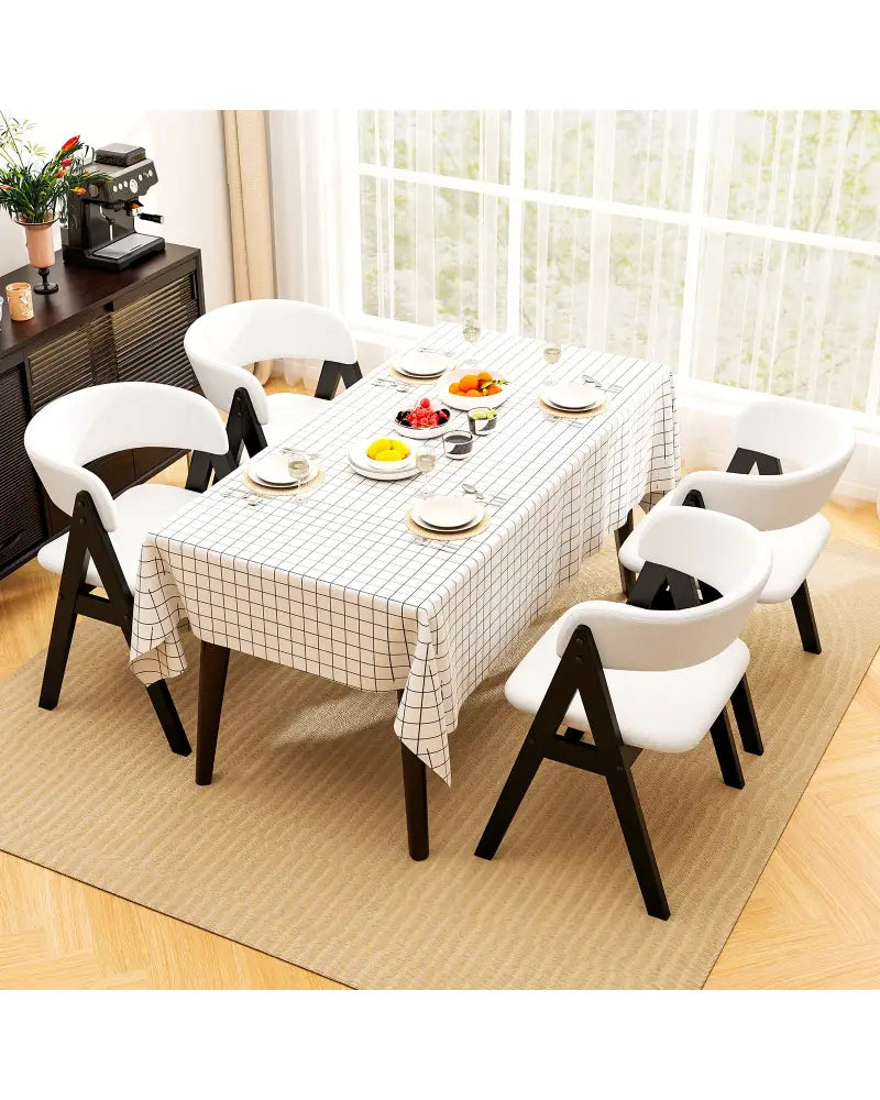 Wooden Dining Chair Set of 4 Mid-Century Modern Sherpa Upholstered Kitchen Dining Room Chairs-Black - Black - Dining