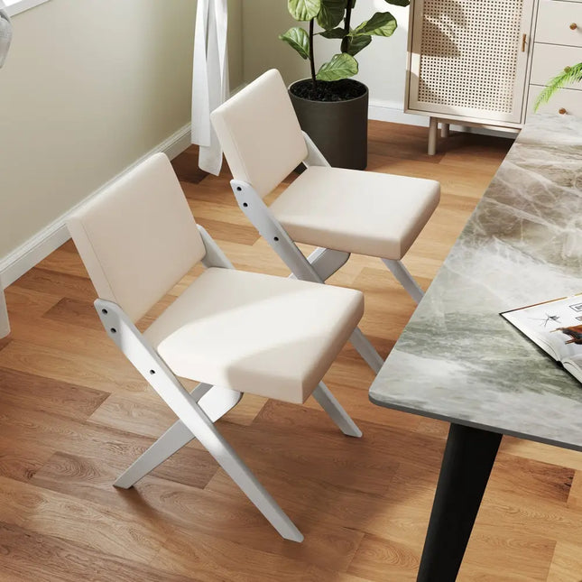 Wooden Dining Chairs of 2 with Rubber Wood Frame and Padded Cushions-White - White - Dining Chairs