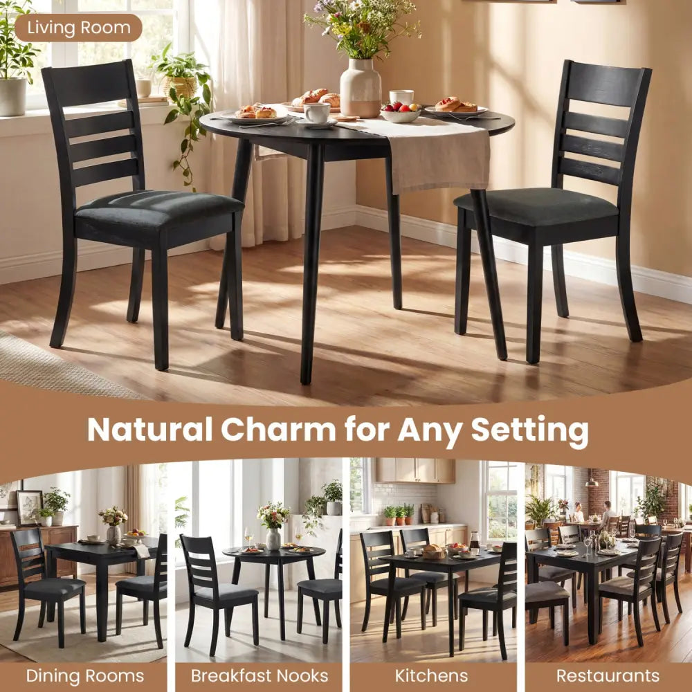 Wooden Dining Chairs Set of 2 Upholstered Kitchen Chairs with Rubber Wood Frame-Black - Black - Dining Chairs