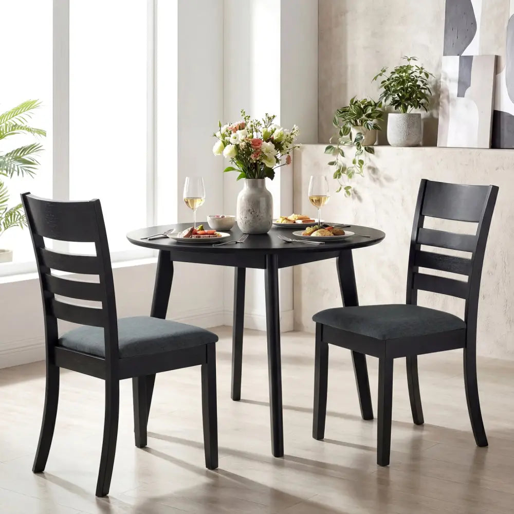 Wooden Dining Chairs Set of 2 Upholstered Kitchen Chairs with Rubber Wood Frame-Black - Black - Dining Chairs