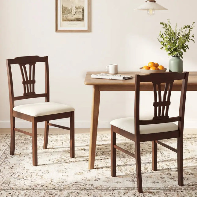 Wooden Dining Chairs Set of 2 Upholstered Kitchen Chairs with Solid Rubber Wood Frame-Beige - Beige - Dining Chairs