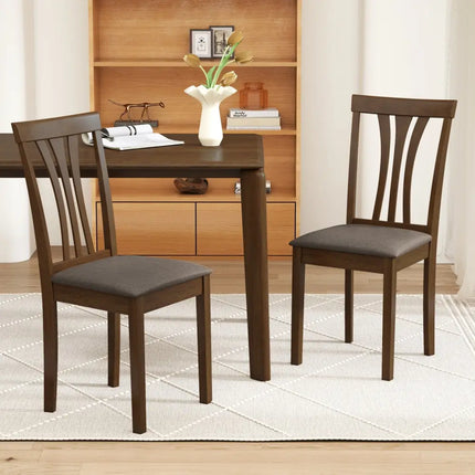 Wooden Dining Chairs Set of 2 with Linen Fabric Upholstered and Rubber Wood Frame-Brown - Brown - Dining Chairs