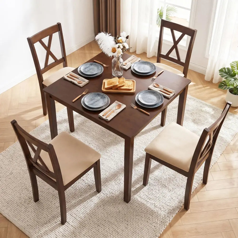 Wooden Dining Chairs Set of 4 Fabric Upholstered Kitchen Chairs-Walnut - Walnut - Dining Chairs