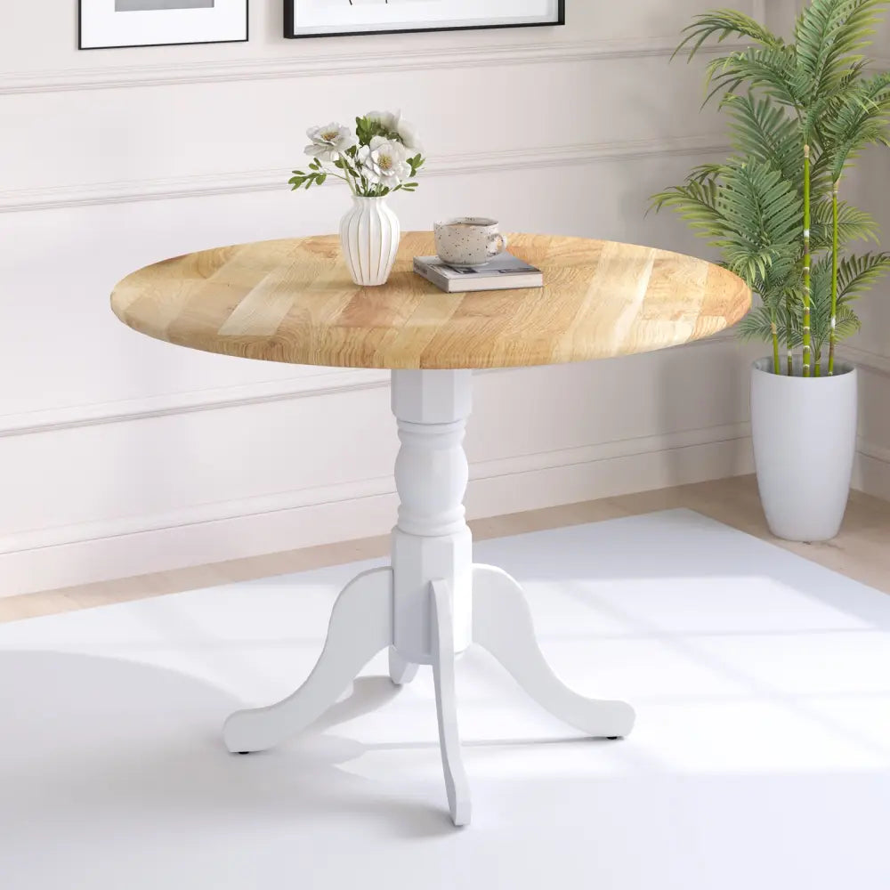Wooden Dining Table with Round Tabletop and Curved Trestle Legs-Natural & White - Natural & White - Dining Tables