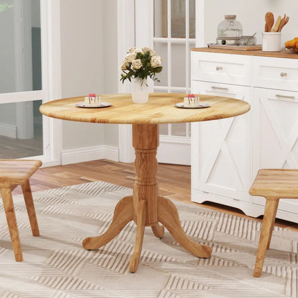 Wooden Dining Table with Round Tabletop and Curved Trestle Legs-Natural - Natural - Kitchen & Dining