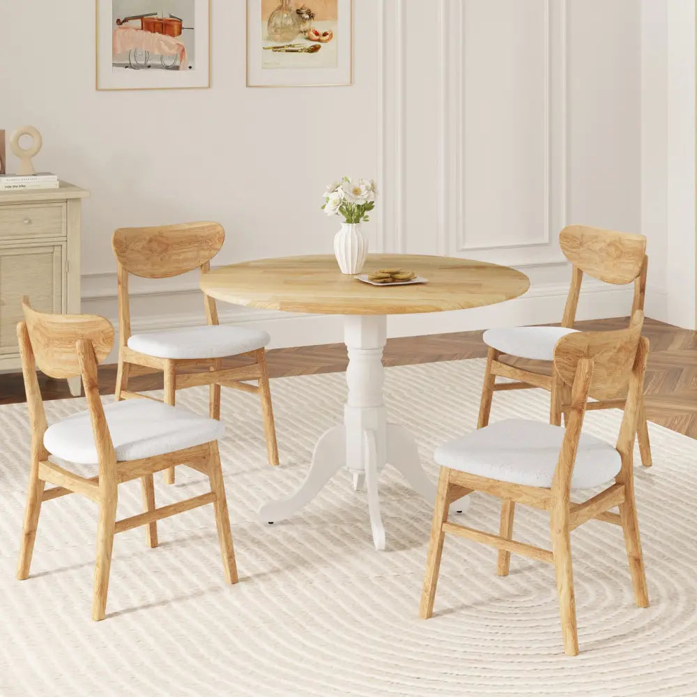 Wooden Dining Table with Round Tabletop and Curved Trestle Legs-Natural & White - Natural & White - Dining Tables