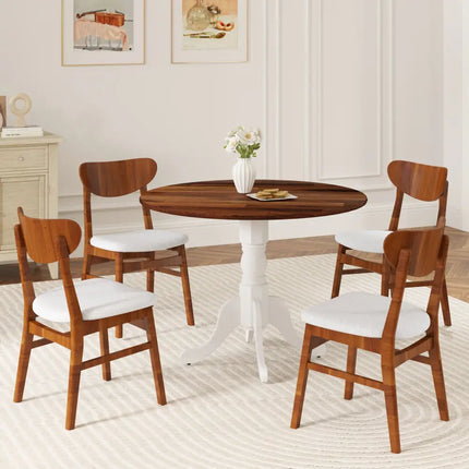Wooden Dining Table with Round Tabletop and Curved Trestle Legs-Walnut & White - Walnut & Gray - Kitchen & Dining