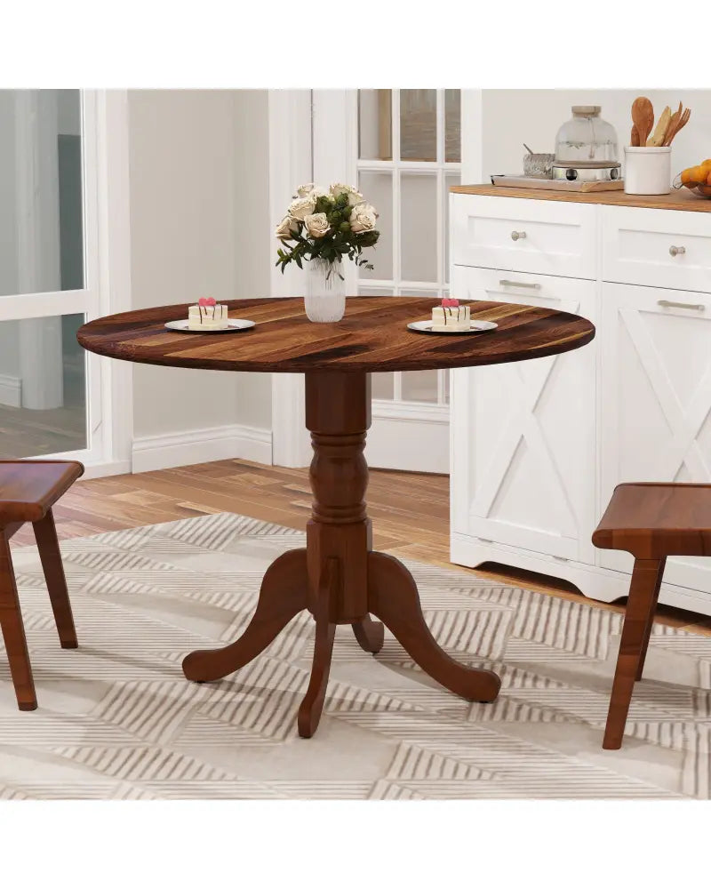 Wooden Dining Table with Round Tabletop and Curved Trestle Legs-Walnut - Walnut - Dining Tables