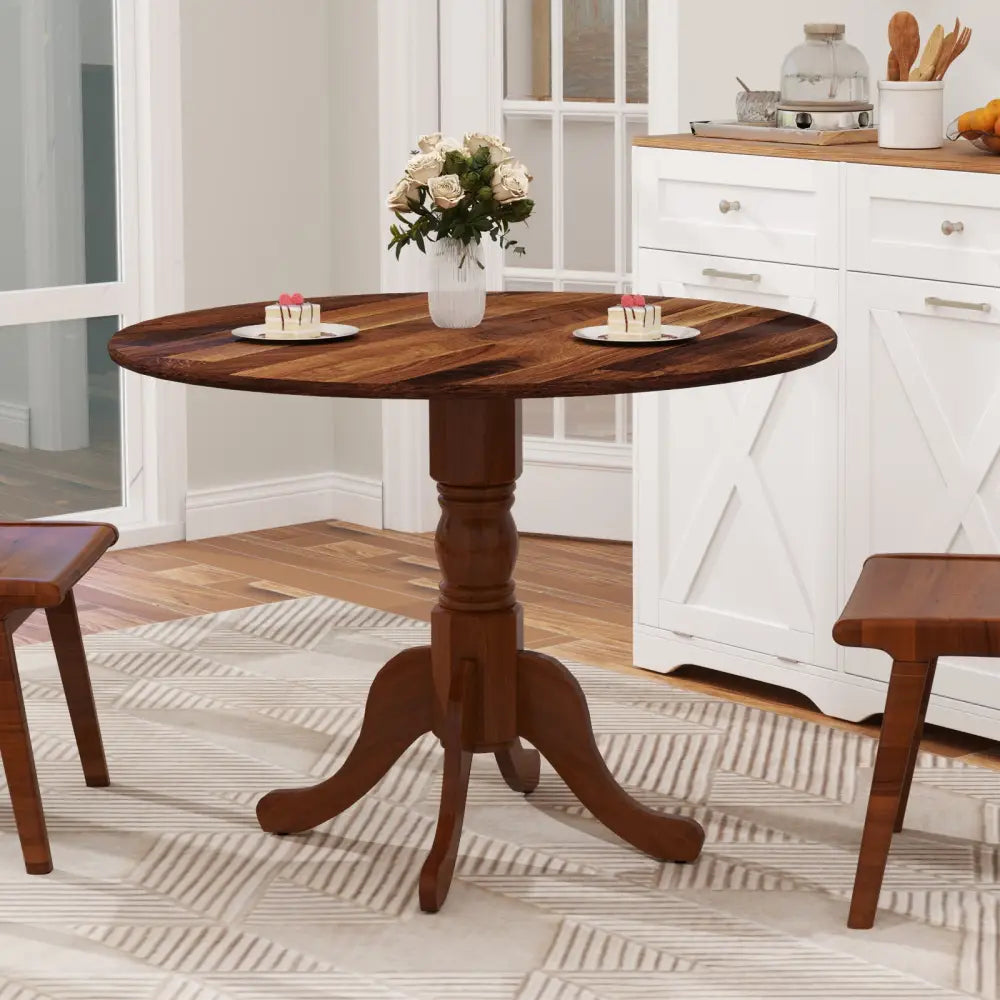 Wooden Dining Table with Round Tabletop and Curved Trestle Legs-Walnut - Walnut - Dining Tables
