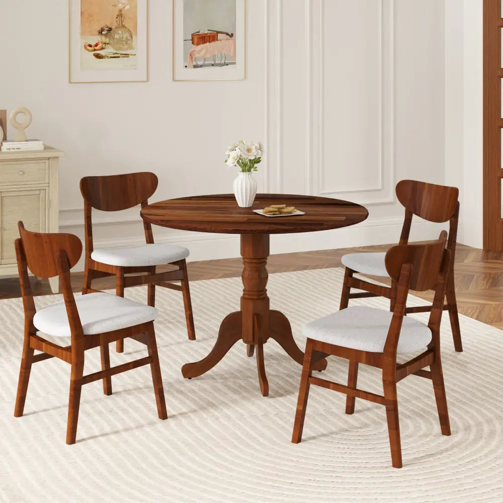 Wooden Dining Table with Round Tabletop and Curved Trestle Legs-Walnut - Walnut - Dining Tables