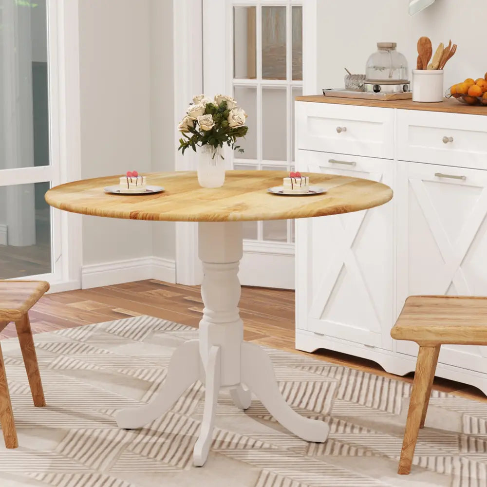 Wooden Dining Table with Round Tabletop and Curved Trestle Legs-Natural & White - Natural & White - Dining Tables