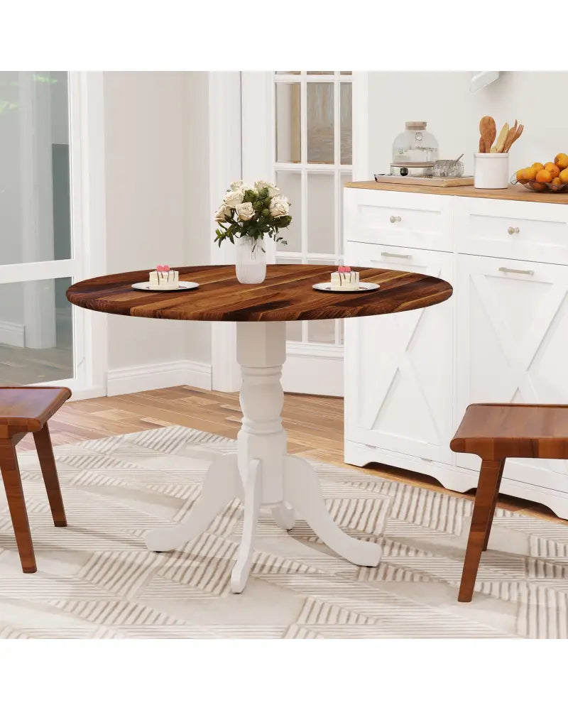 Wooden Dining Table with Round Tabletop and Curved Trestle Legs-Walnut & White - Walnut & Gray - Dining Tables