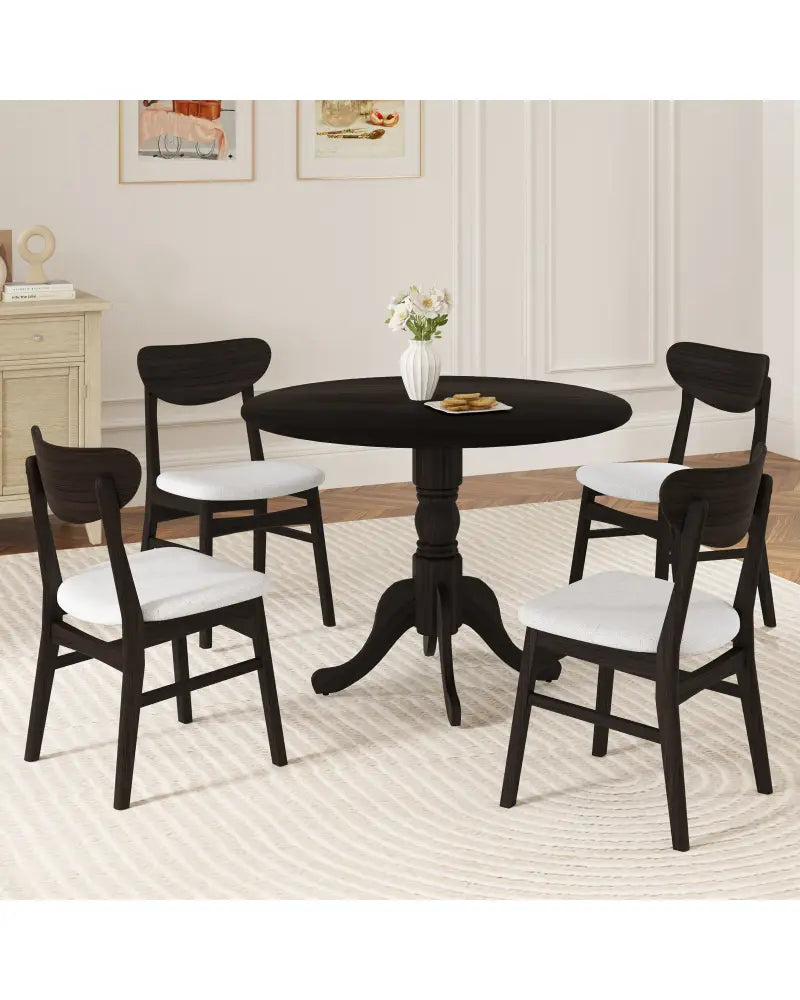 Wooden Dining Table with Round Tabletop and Curved Trestle Legs-Black - Black - Dining Tables