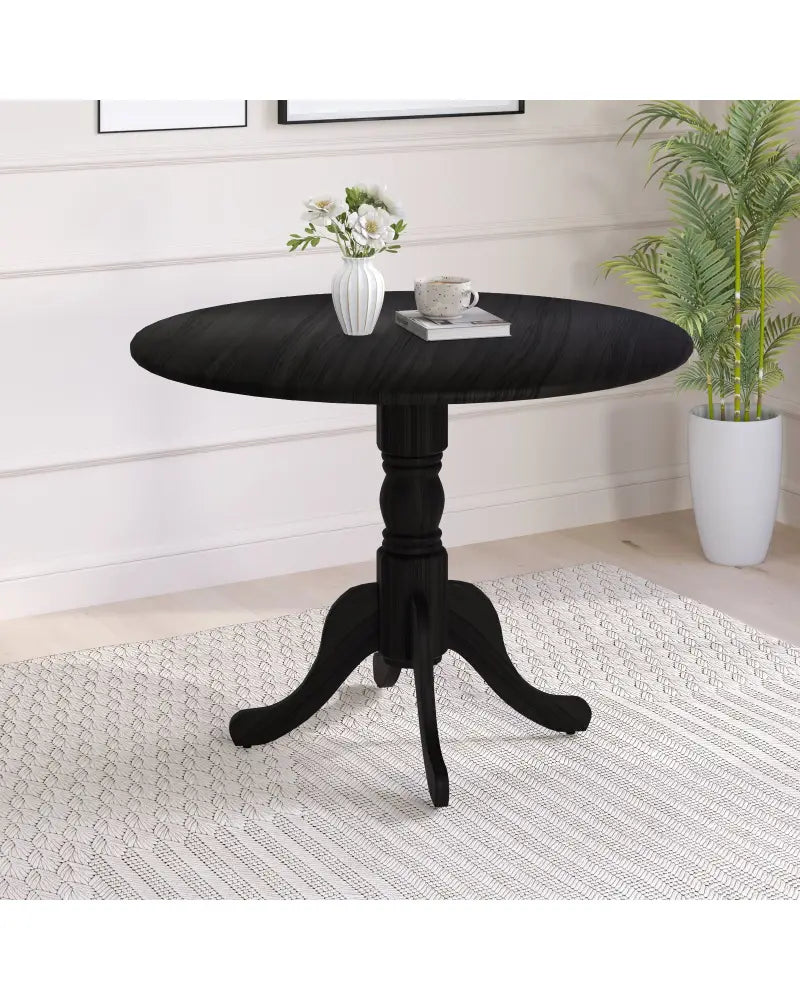 Wooden Dining Table with Round Tabletop and Curved Trestle Legs-Black - Black - Dining Tables