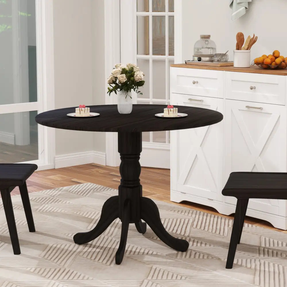 Wooden Dining Table with Round Tabletop and Curved Trestle Legs-Black - Black - Dining Tables