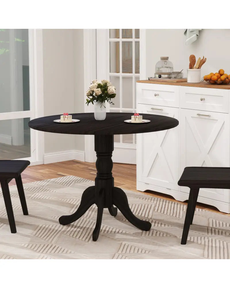 Wooden Dining Table with Round Tabletop and Curved Trestle Legs-Black - Black - Dining Tables