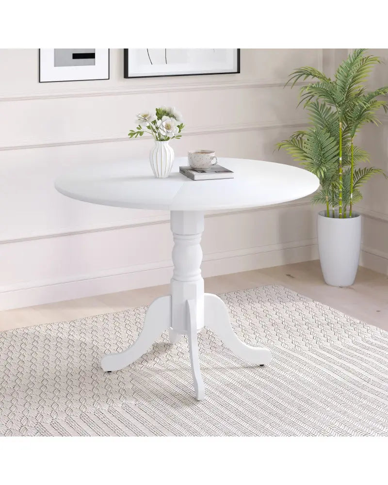 Wooden Dining Table with Round Tabletop and Curved Trestle Legs-White - White - Dining Tables