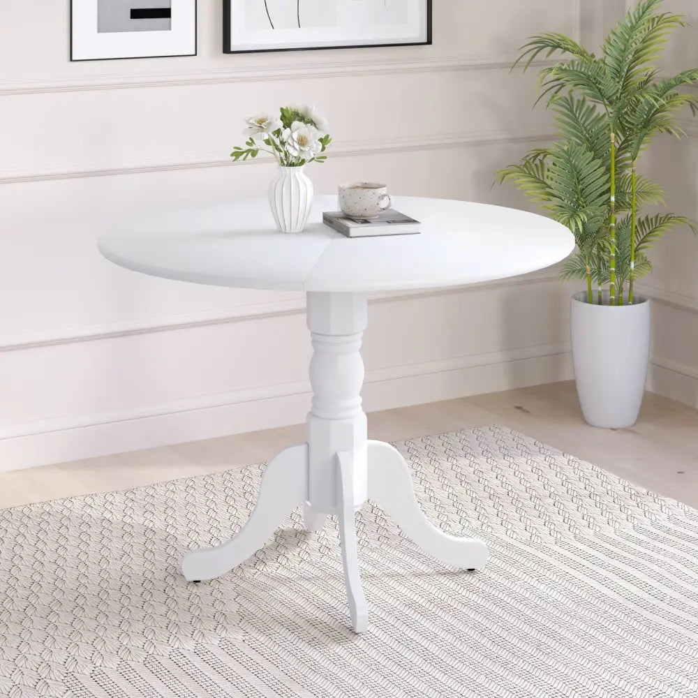 Wooden Dining Table with Round Tabletop and Curved Trestle Legs-White - White - Dining Tables